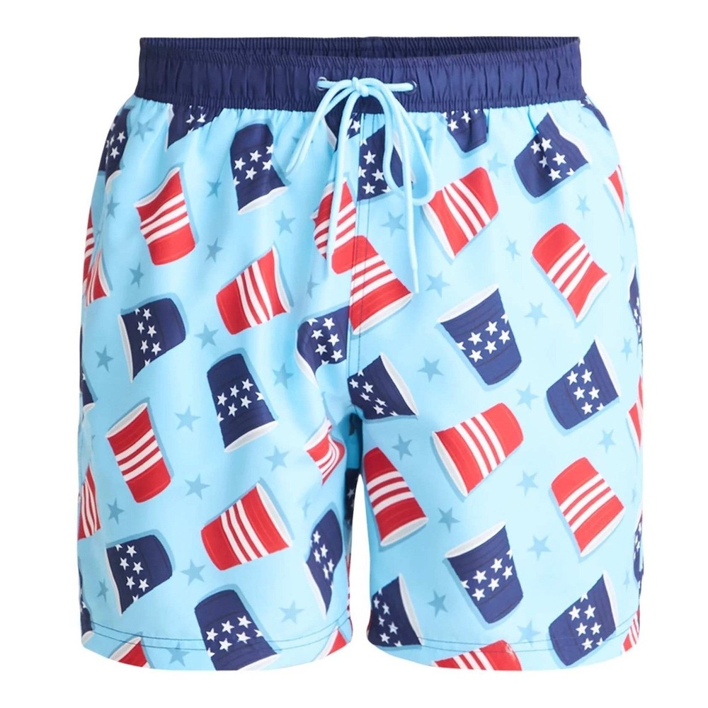 Americana Swim Trunks Sz 3XL (48-50) Blue Red Patriotic Flag Solo Cups XXXL NWT‎